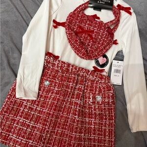 Red and White Tweed Skirt Set